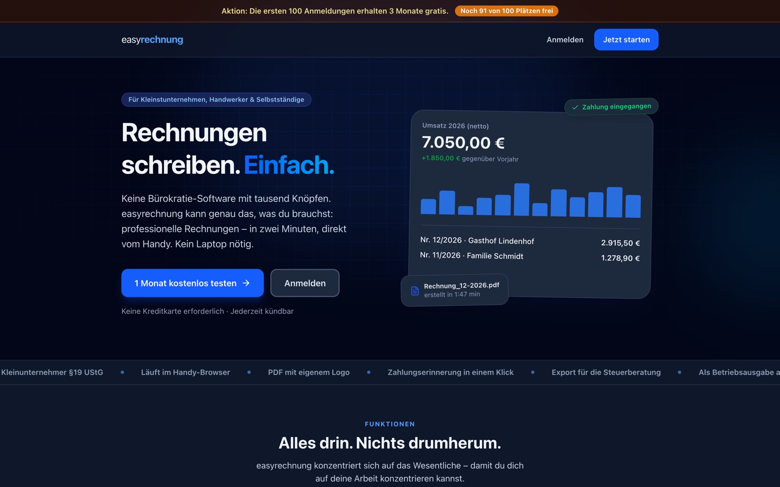 Screenshot der Webseite von easyrechnung